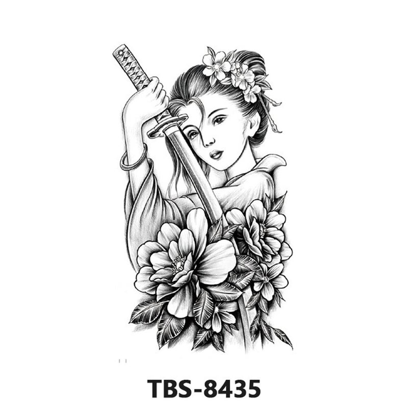 Waterproof temporary tattoo stickers, full sleeve geisha temporary tattoo stickers, large image, black and white, color, full sleeve tattoo, 1 piece.